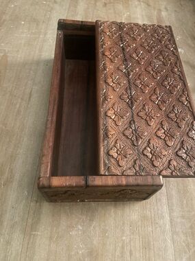 Hand-Carved Wooden Sliding Trinket Box in Brown